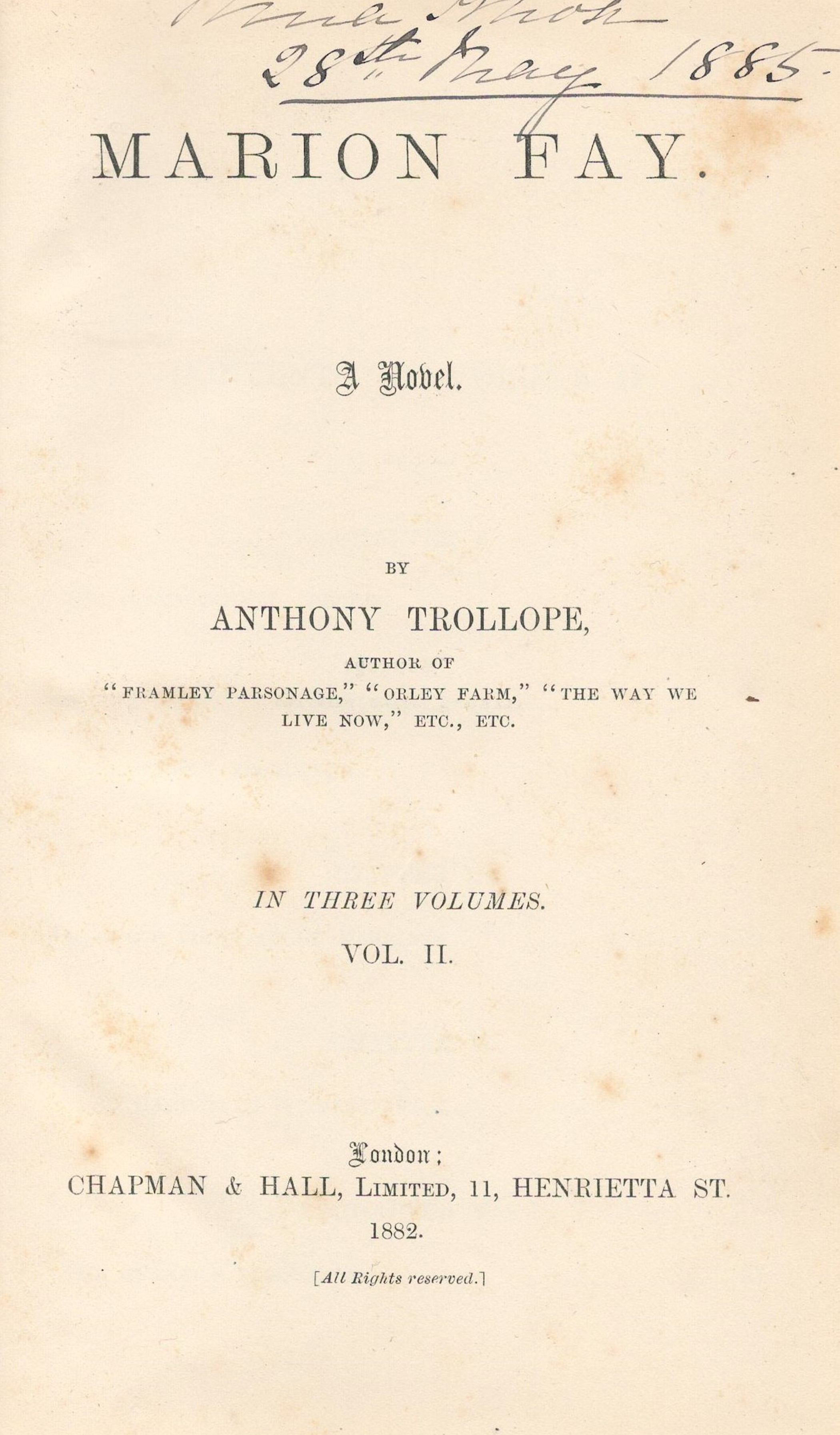 Marion Fay A Novel by Anthony Trollope vol 2 Hardback Book 1882 edition unknown published by Chapman