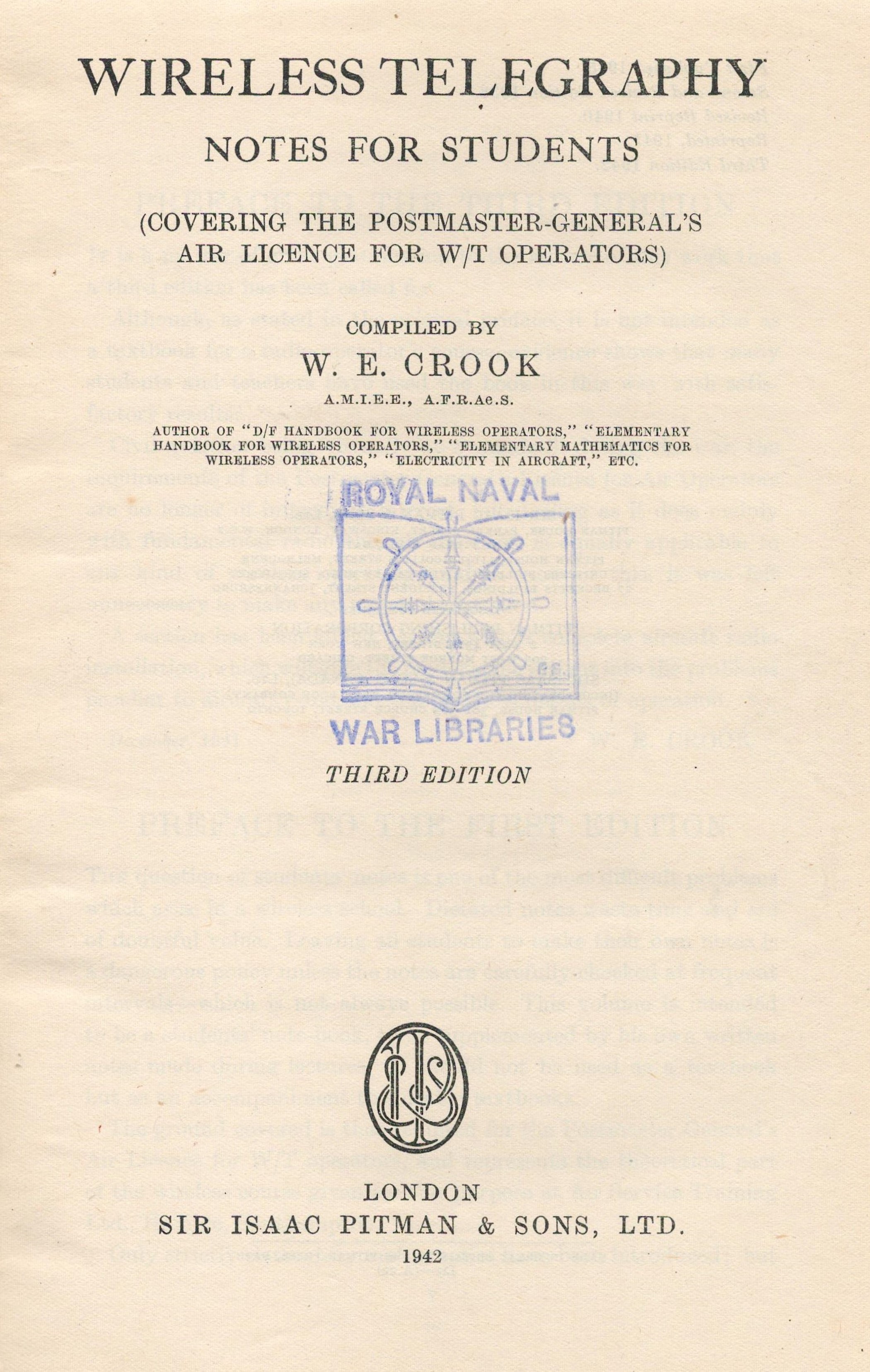 Aeronautical Series Wireless Telegraphy notes for Students by W E Crook 1942 Hardback Book Third