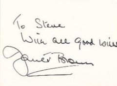 Janet Brown signed 3x4 orange card dedicated to Steve. Brown played Margaret Thatcher in the 1981