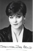 Samantha Bond signed 6x4 Miss Moneypenny, black and white photograph From 1995 to 2002, Bond