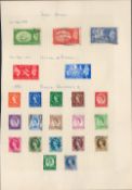 GB stamps on loose album page. 22 stamps. Includes 3/5/51 high value defs, 3/5/51 festival of.
