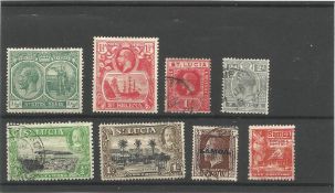 St Kitts, Nevis, St Helene, St Lucia and Samoa pre 1936 stamps on stockcard. 8 stamps. Good