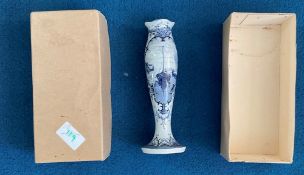 Tall blue and white vase with harbour scene painted. Stamped Delft on base. Good condition. We. Good