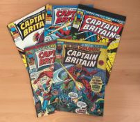 Marvel, Captain Britain vintage comic book collection featuring issue 3, 14, 26, 38 and 39.