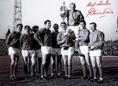 Football Autographed DENIS LAW 16 x 12 photo - B/W, depicting Manchester United players chairing