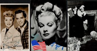 Lucille Ball and Desi Arnaz signed 6x4 black and white photo and two Lucille Ball signed 6x4 photos.