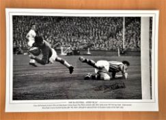 Football, Peter McParland signed 12x18 black and white photo. Picturing him in action for Aston