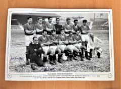 Football, Jack Crompton, Alex Dawson, Ronnie Cope multi signed 12x18 black and white photo. Pictured