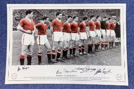 Football, Manchester United multi signed 12x18 colourised photo. Featuring signatures from Ken