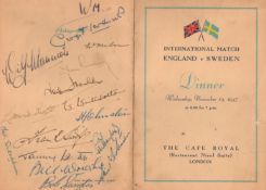 England vintage Football 1947 team signed Menu. 10th October Cafe Royal dinner menu signed by 15