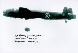 Dambuster Sq Ldr Johnny Johnson MBE, DFM signed Lancaster 10x8 black and white photo. Squadron
