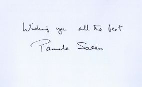 Pamela Salem signed 6 x 4 white card, signed in black pen. British actress Pamela Salem is best