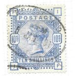 SG183 10 = blue QV GB stamp cut from album page. Used. Cat value £525. Good condition. We combine