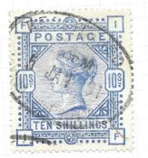 SG183 10 = blue QV GB stamp cut from album page. Used. Cat value £525. Good condition. We combine