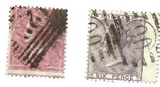 1855 QV GB stamps on stockcard. 66q 4d red and 70 6d lilac. 2 stamps. Good condition. We combine