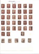 38 QV GB stamps on loose album page. Includes 32 1d red (some plated), 1 1d red (imperf) and 5 1d