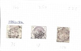 1883 1884 QV GB stamps on cut album page. 3 stamps which are 2d, 21 2d and 3d. Used. Cat value