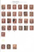 GB QV stamps on loose album page. 28 stamps. Includes 25 1d red (some plated) and 3 1d red imperf.