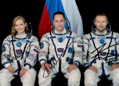 Soyuz MS 19, Anton Shkaplerov, Klim Shipenko and Yulia Peresild signed 12x8 colour photograph. The