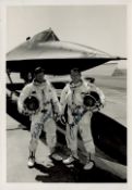 SR71 pilots James Sullivan and Noel Widdifield signed 7x5 black and white photo standing in front of