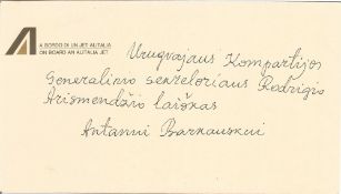 Rodney Arismendi signed ALS addressed to Antanas S Barkauskas taken from his own personal collection