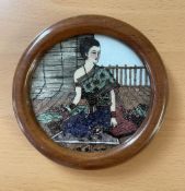 Rare and unique Gemstone Picture portraying a Thai Lady Set within a round wooden frame. This item