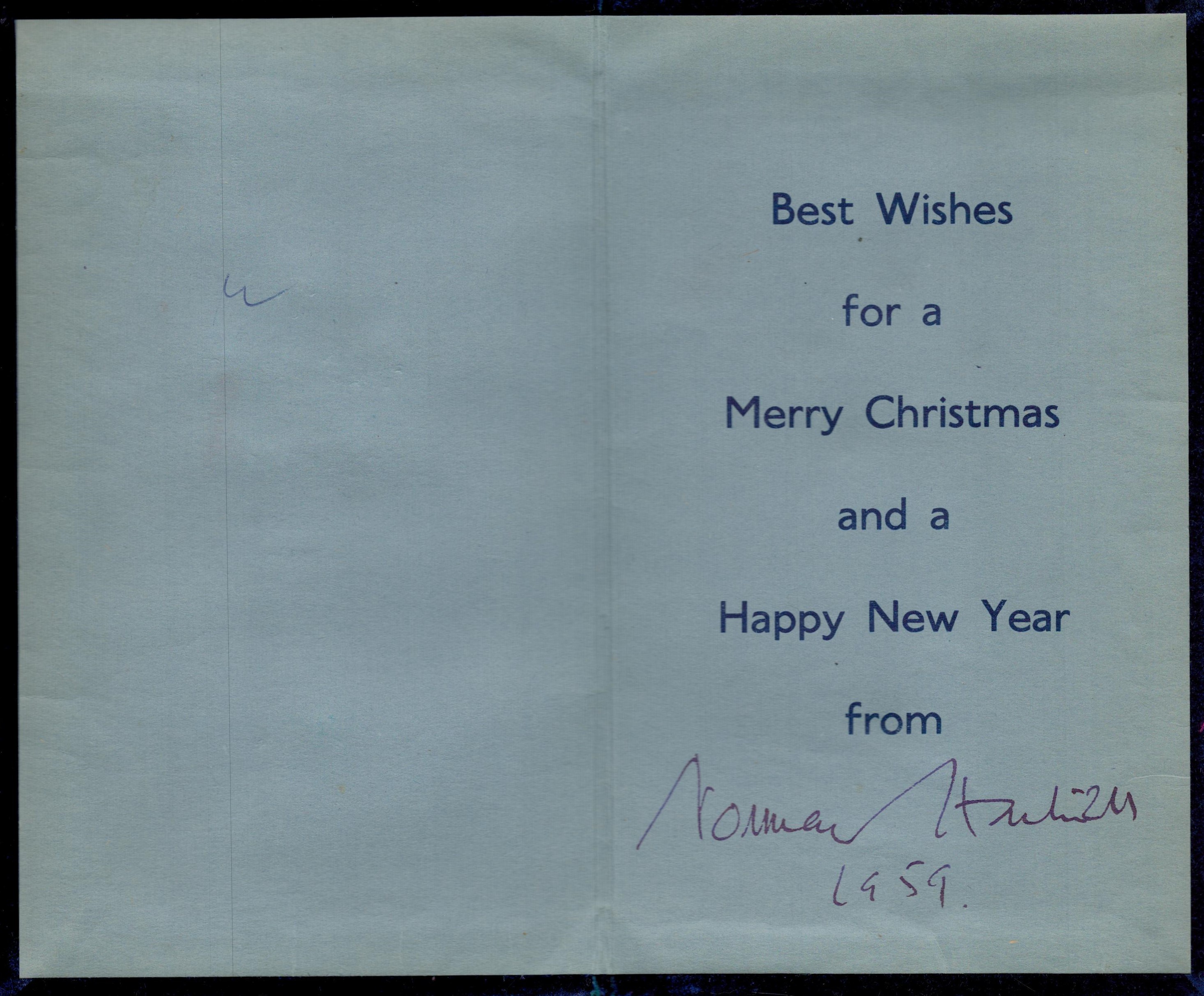 Sir Norman Hartnell signed handmade Christmas card dated 1959. Sir Norman Bishop Hartnell, KCVO (