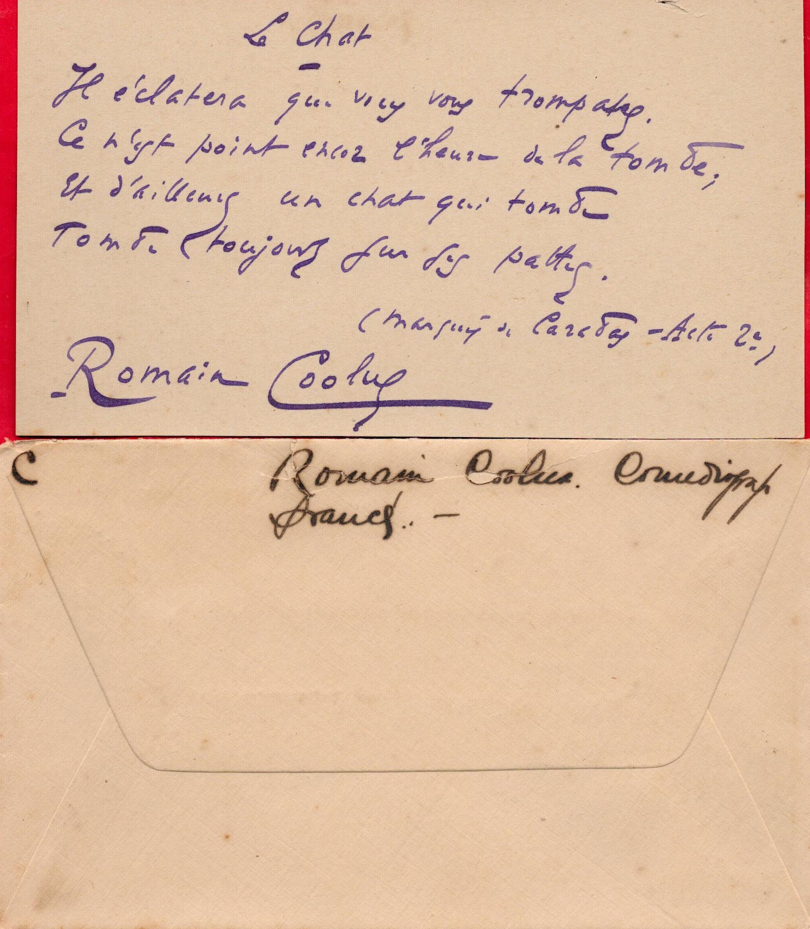Romain Coolus signed 5x3 card. René Max Weill (25 May 1868 - 9 September 1952), who used the