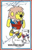 Geoff Hurst and Martin Peters signed Original World Cup Willie Post card PM Harrow and Wembley 18