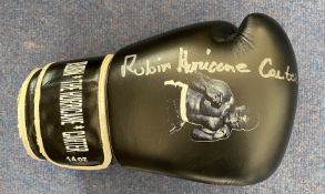 Boxing Rubin The Hurricane Carter signed Personalised 14oz black boxing glove. Good condition Est.