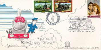 Loughborough Railway FDC with Stamps and FDI Postmark, Postman Pat on the Postcode Special 1986 good