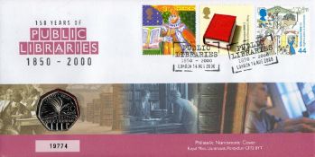 Coin Cover Public Libraries 1850 - 2000 with Stamps and FDI Postmark and Commemorative 50 pence coin