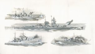 WW2 Fantastic Rare Original Painting Showing HMS Ajax, HMS Achilles, HMS Exeter and Graf Spee.