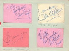 1960's pop signature pieces stuck to album page. 4 in total. Includes Alma Cogan, Lonnie Donegan and