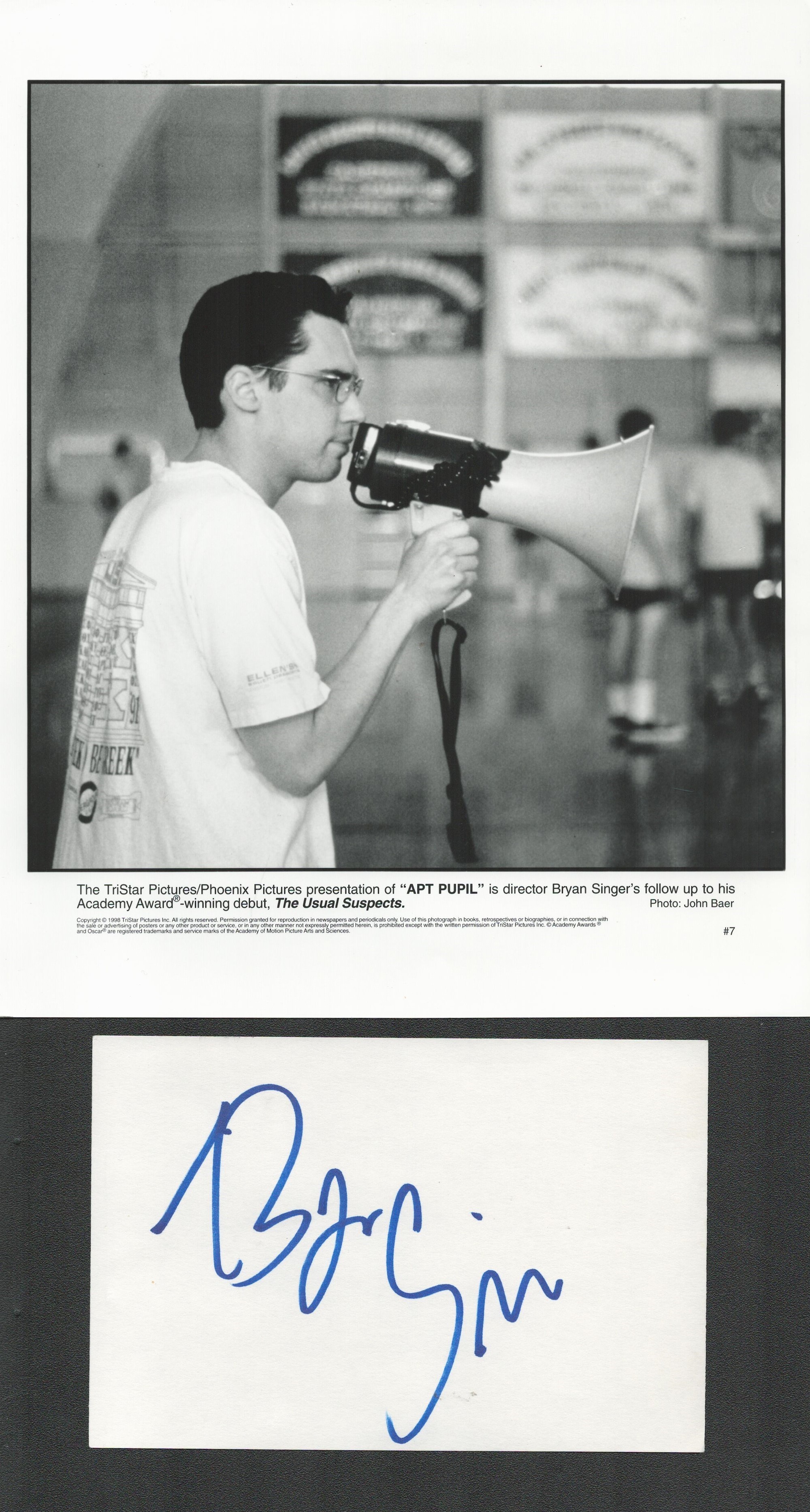 Bryan Singer signed 6x4 white card with 10x8 black and white unsigned photo. Good condition. All