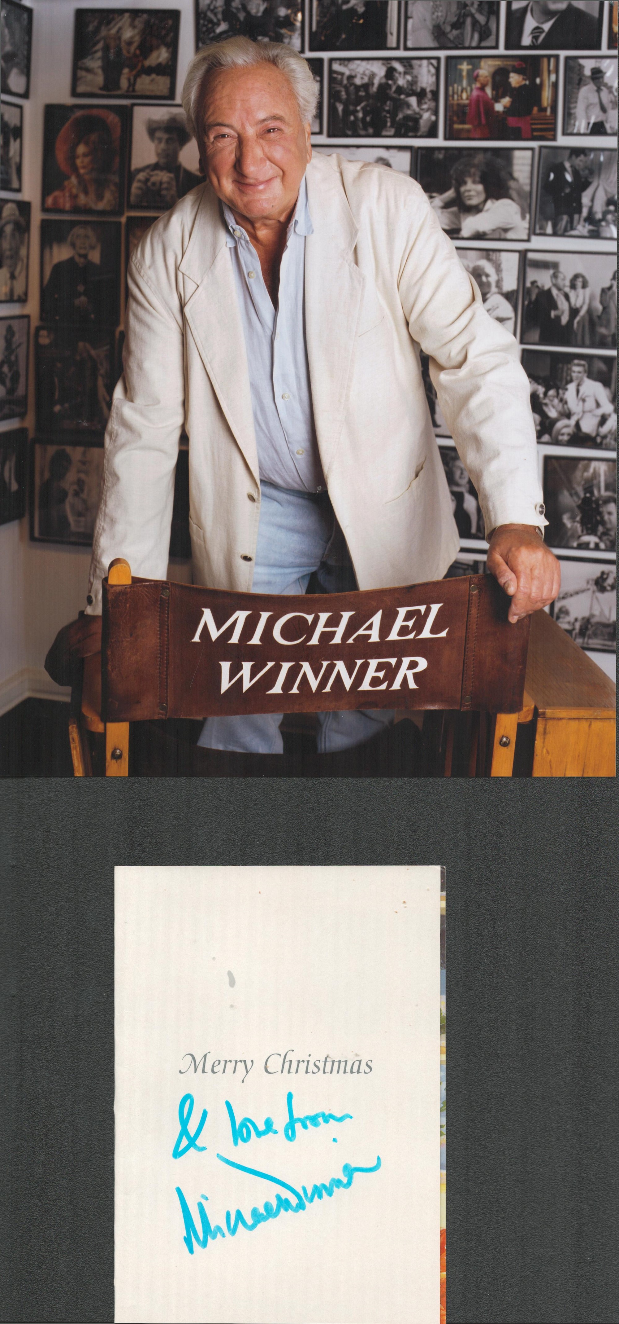 Michael Winner signed Christmas card with 10x8 colour unsigned photo. Good condition. All autographs