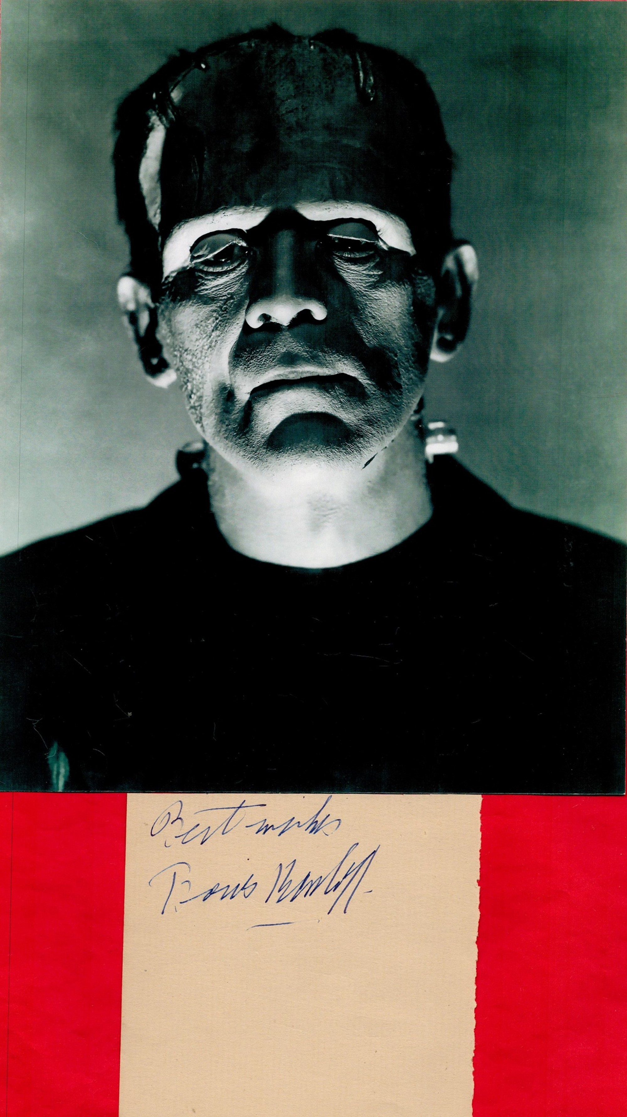 Boris Karloff signed 4x4 approx album page and Frankenstein 10x8 black and white vintage photo.
