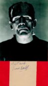 Boris Karloff signed 4x4 approx album page and Frankenstein 10x8 black and white vintage photo.