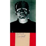 Boris Karloff signed 4x4 approx album page and Frankenstein 10x8 black and white vintage photo.