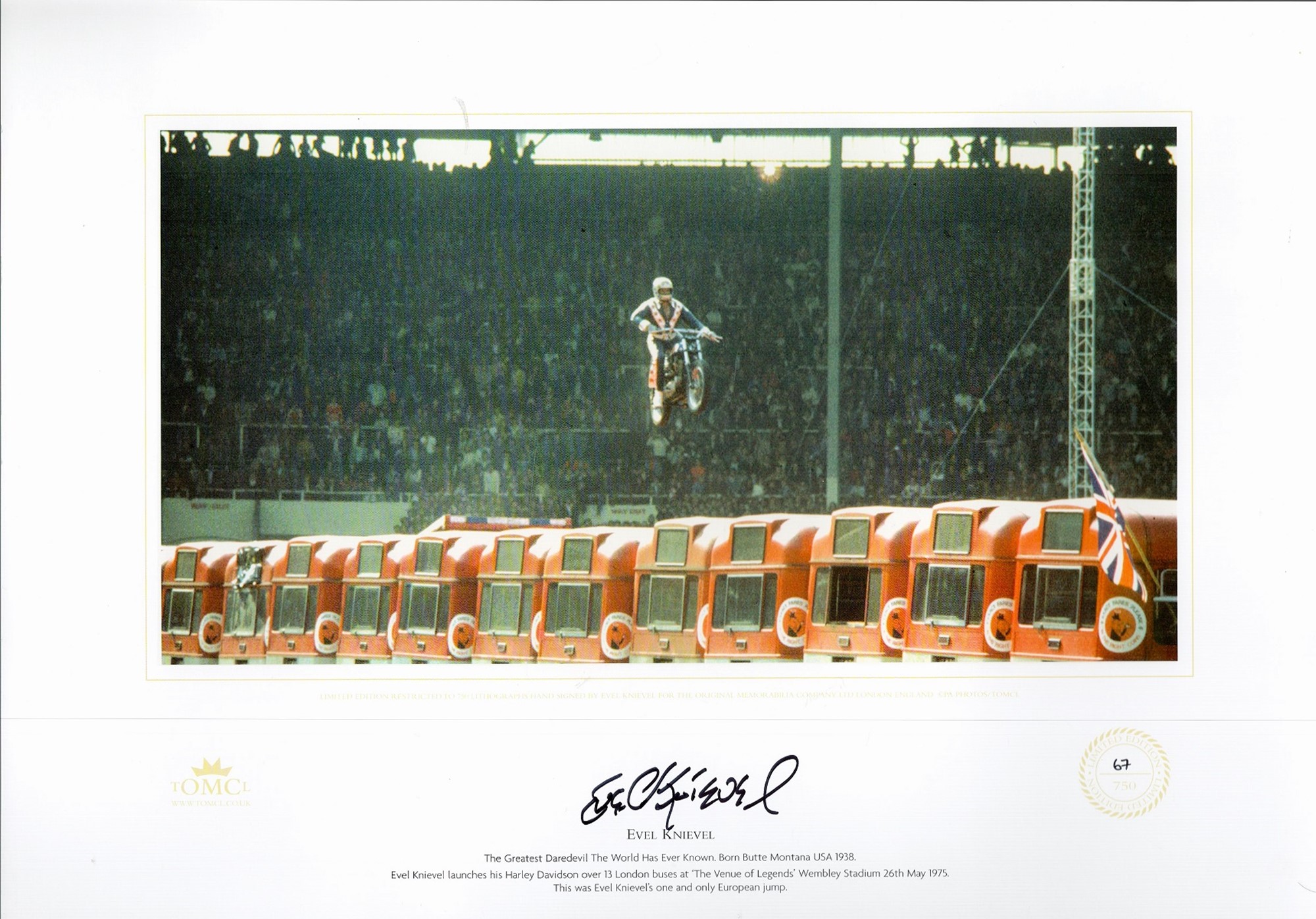 Evel Knievel signed original A3 lithograph print of the 1975 Wembley Stadium jump was exclusively