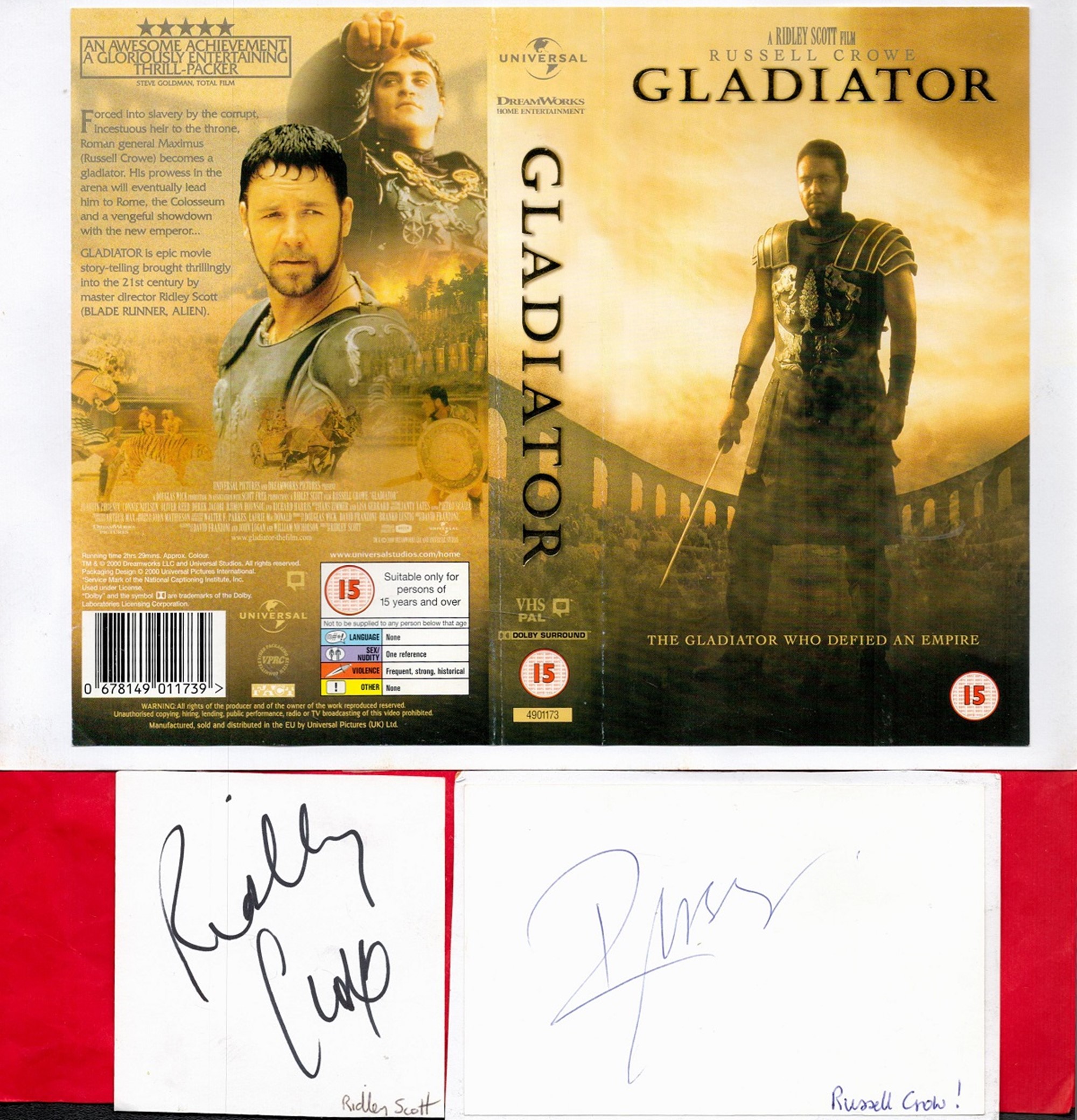Russell Crowe and Ridley Scott signed separate white cards and Gladiator CD sleeve.