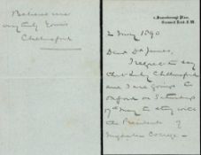 Frederic Thesiger, 2nd Baron Chelmsford ALS dated 2nd May 1890 taken from the Kirby autograph