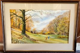 Rex Harrison signed 24x16 framed and mounted ORIGINAL painting depicting two golfers on a parkland