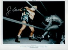 Jake LaMotta signed 16x12 colourised print picturing the iconic moment knocking Sugar Ray Robinson