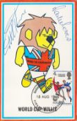 Football legends, Martin Peters and Geoff Hurst signed World Cup Willie 6x4 colour post card