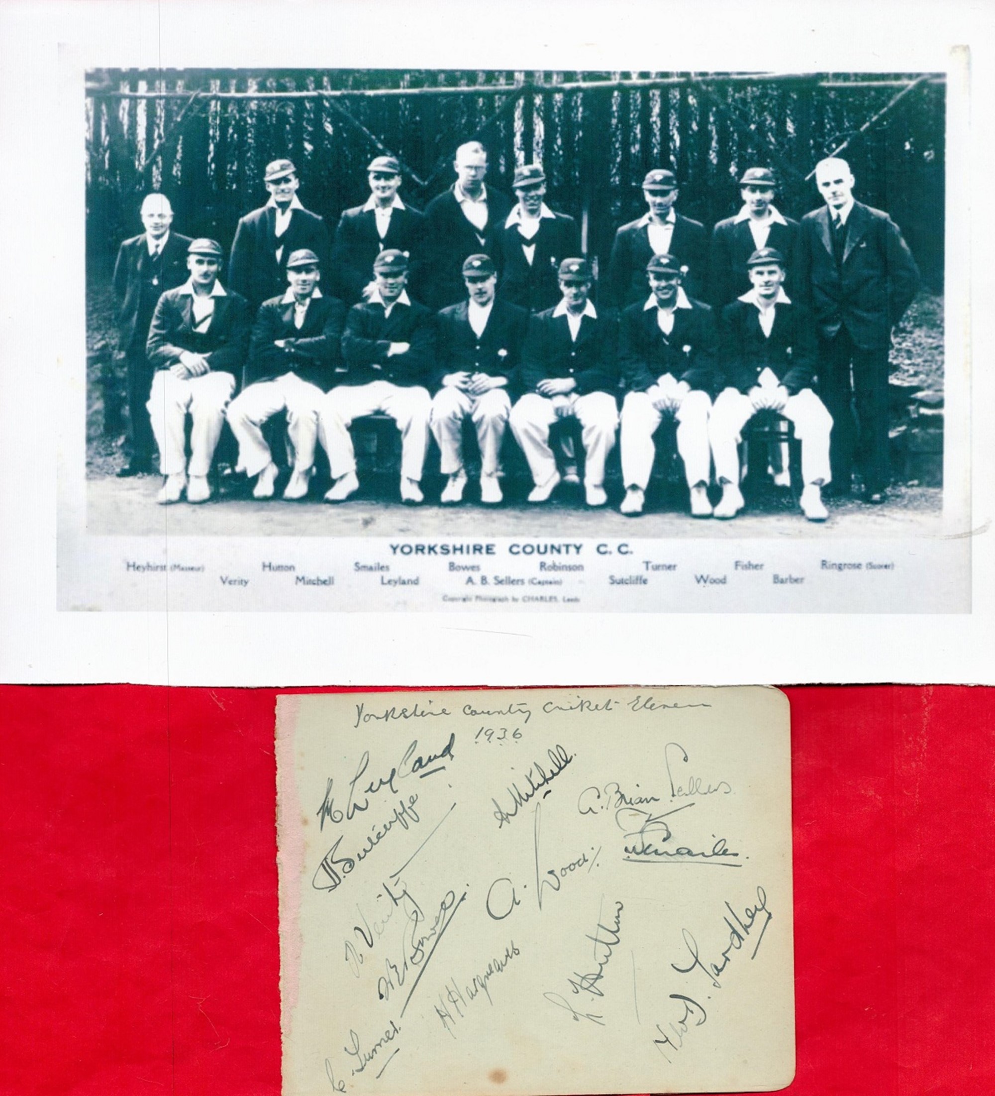 Yorkshire County Cricket Club 1936 multi signed 5x4 album page includes 12 legendary signatures such
