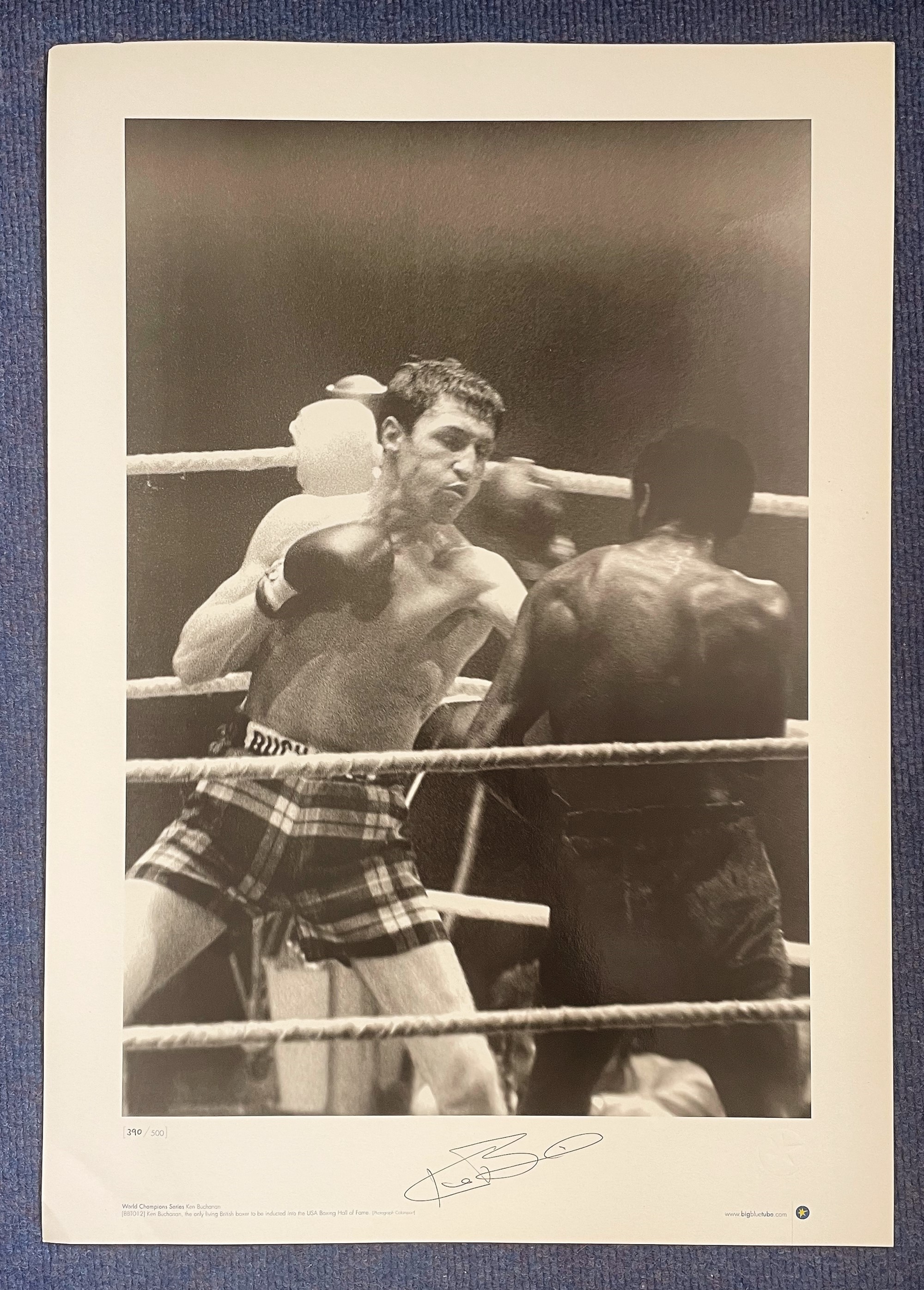 Boxing Ken Buchanan signed 23x17 World Champion Series Big Blue Tube black and white print limited - Image 2 of 2