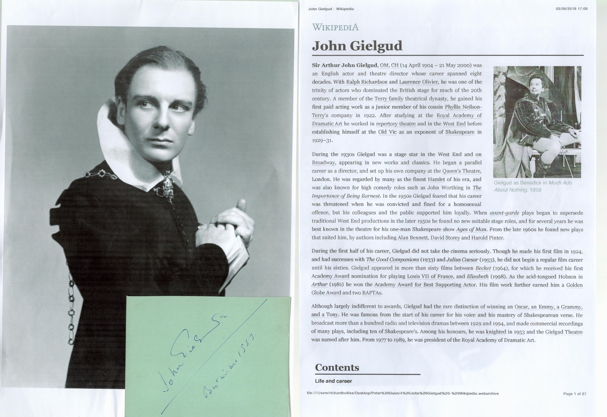 John Gielgud signed 5x3 Album Page. Gielgud, OM, CH was an English actor and theatre director