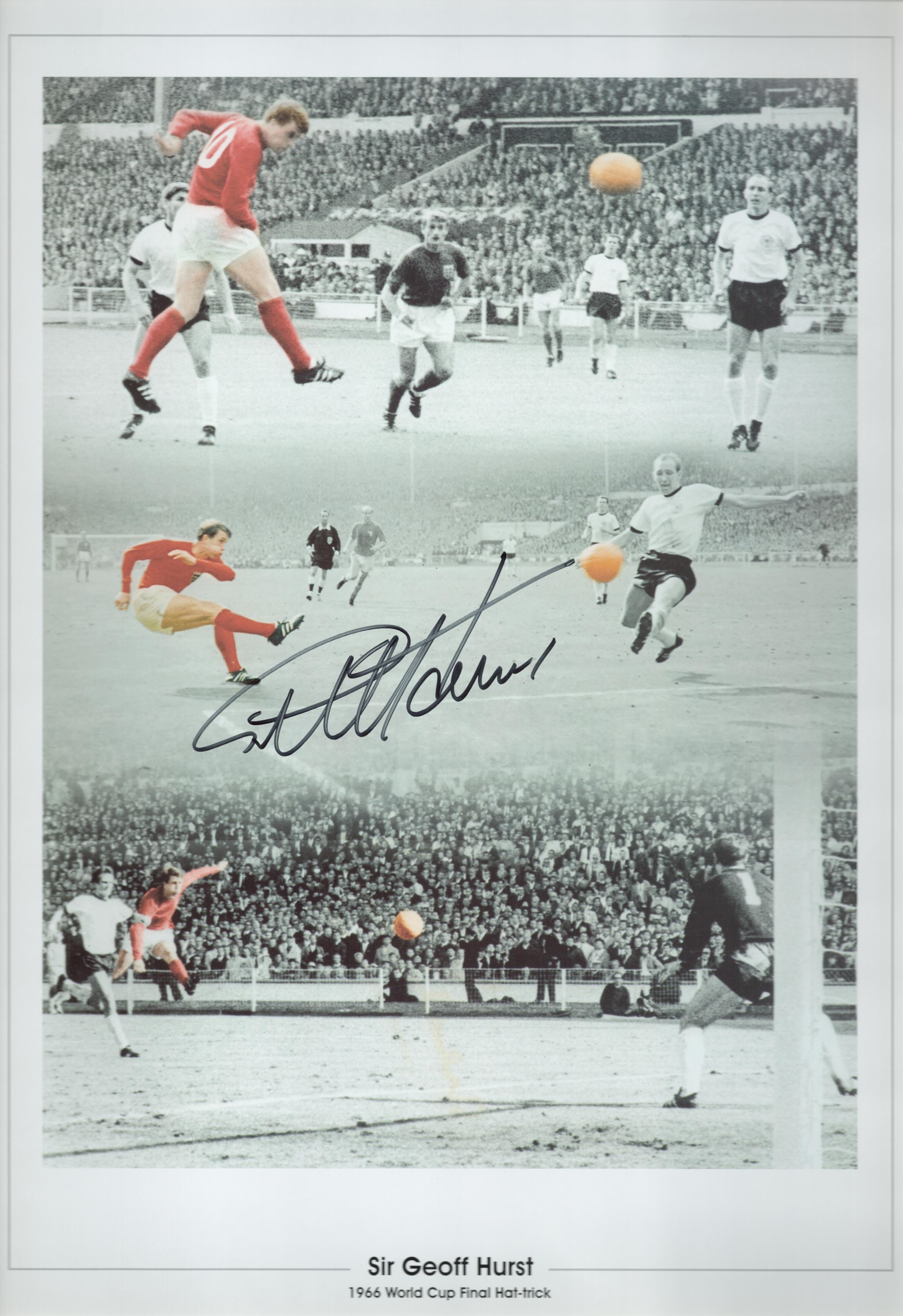 Football Geoff Hurst signed 1966 World Cup Final Hat Trick 20x14 colourised montage print. Good