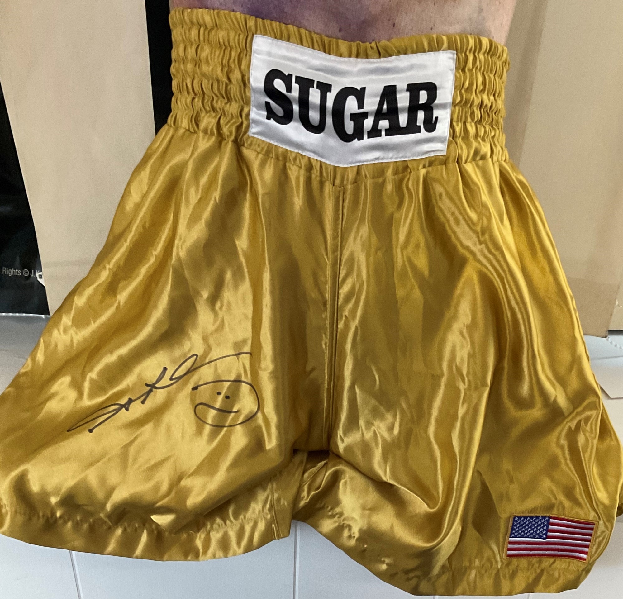 Sugar Ray Leonard signed personalised Golden Boxing Shorts fantastic, rare item from one of the